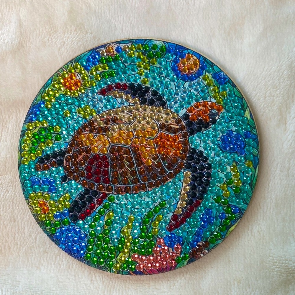 Set of 7 Handmade Colorful Diamond Art Turtle Coasters - Sealed with Holder 🐢